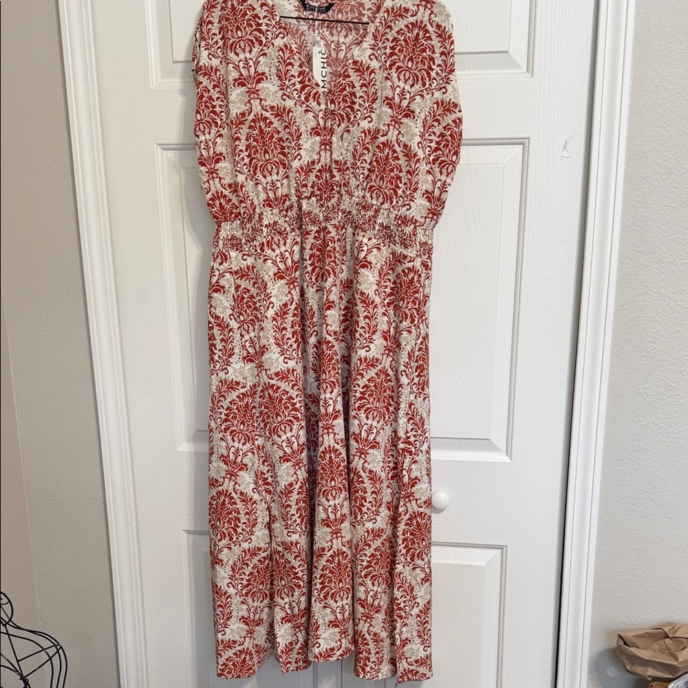 BloomChic Red and Cream Short Sleeve Dress with pockets.